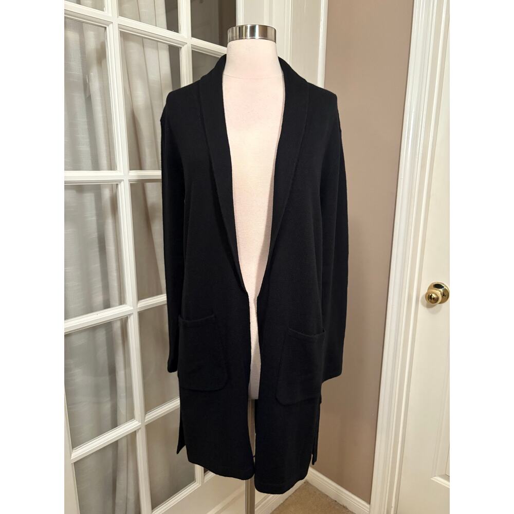 Talbots Black Open Front Long Cardigan Sweater XS Pockets Cotton Blend‎